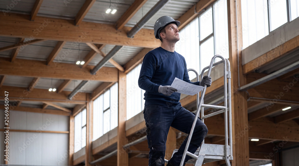 Fototapeta premium Warehouse Renovation Worker Mid Ladder Pause Under Overhead Structure