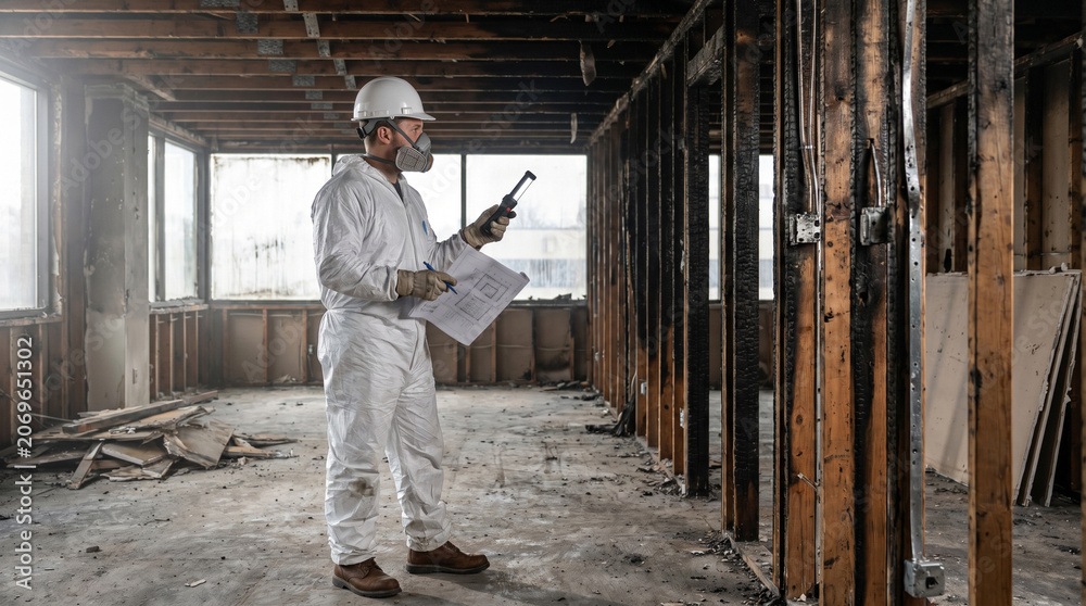 Fototapeta premium Construction Specialist Reviewing Fire Damaged Framing During Assessment