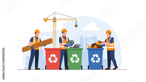Construction Workers Sorting Waste into Recycling Bins at Building Site Illustration. Sustainable Green Building and Eco-Friendly Waste Management Concept.