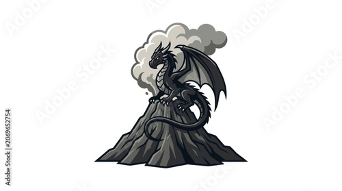 A large black dragon sitting on volcano.