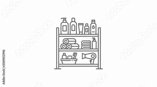 Bathroom shelf with toiletries and accessories.