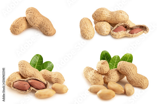 Collection of peanuts in shells, cracked open showing red skins, and peeled roasted kernels with green leaves. Healthy protein snack isolated on white background.