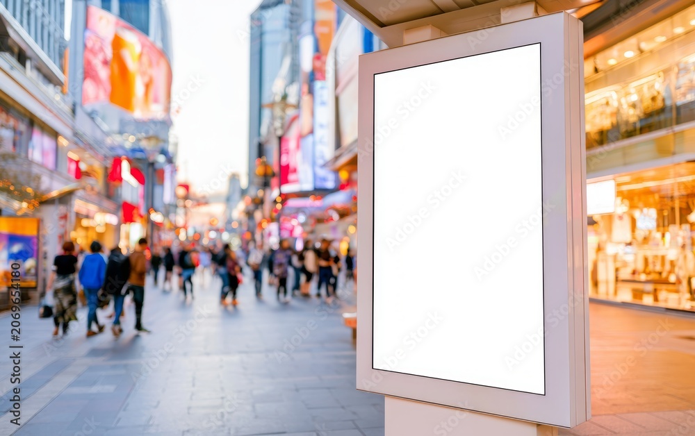 Obraz premium Digital Signage Display Mounted Outdoors in Urban Setting with People Walking by