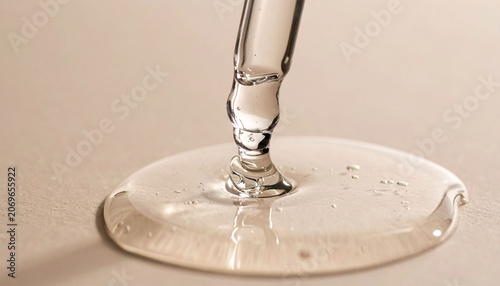 Clear cosmetic serum or liquid gel pouring onto a neutral beige surface, macro texture