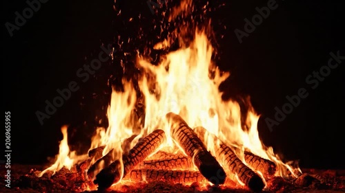 Bright campfire burning with orange flames and sparks at night