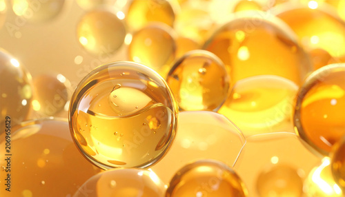 Luxury cosmetic ingredient background with shiny golden microcapsules and oil drops