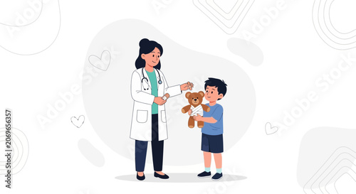 Friendly female doctor gently examines a child holding a teddy bear with a bandaged paw, symbolizing pediatric care and kindness.