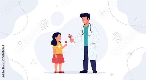 Friendly doctor gives lollipop to happy child, vector illustration for pediatrics, healthcare, and children's well-being