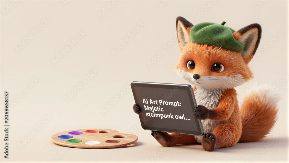 Fototapeta premium Cute fox in green beret holds tablet, palette nearby on beige background.