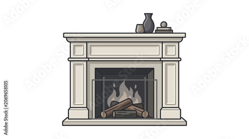 Fireplace with burning logs inside.