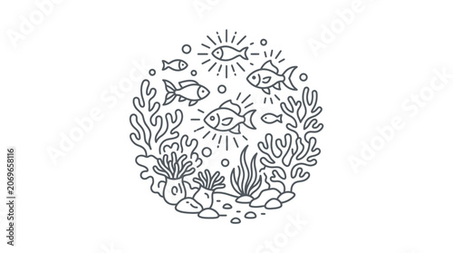 Fish swimming in coral reef circle.
