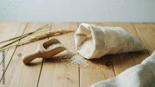 Rice grains spilling from a cloth bag and wooden scoop on a wooden table with wheat stalks