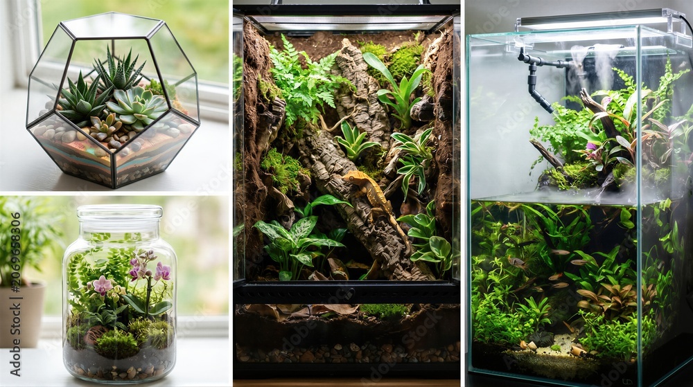 Naklejka premium Gecko in glass terrarium with plants alongside various miniature indoor garden systems. exotic pet care and nature hobby at home. setup for reptile habitat, aquarium and botanical decor.
