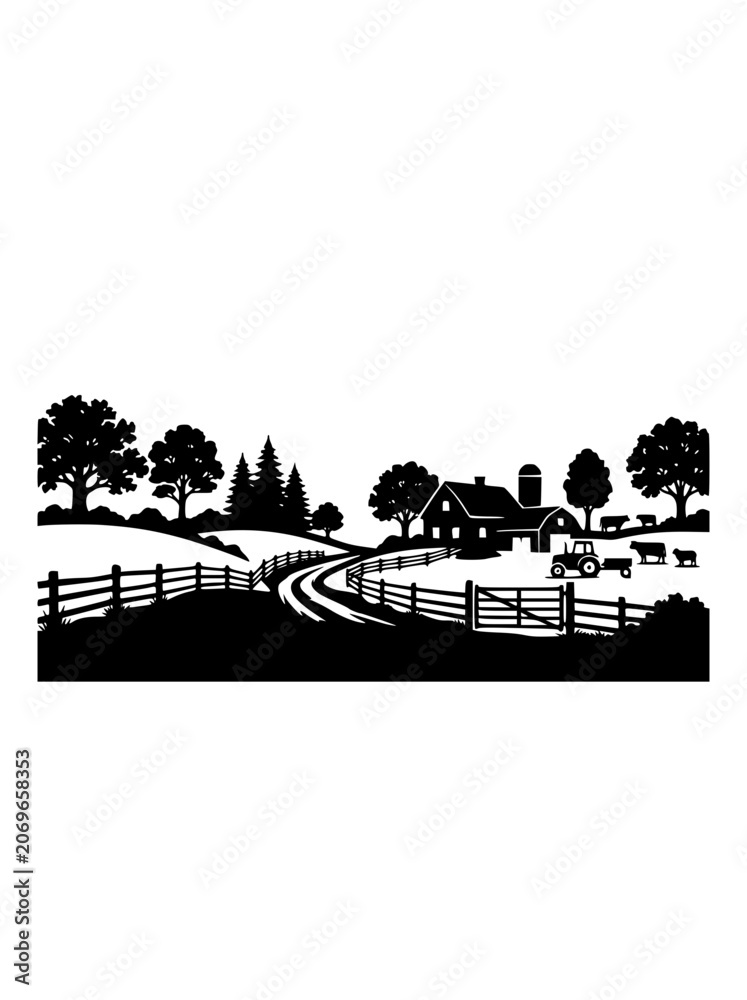 Obraz premium Rural Farm Landscape Silhouette with Farmhouse Barn and Tractor