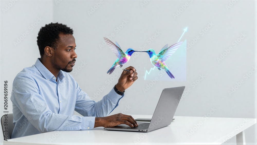 Fototapeta premium Man interacts with holographic hummingbirds and data charts during digital work session.