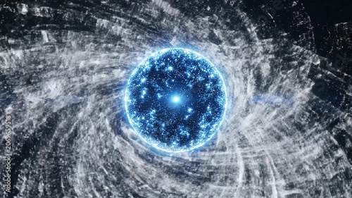 A glowing blue energy sphere rotates within a cosmic spiral
