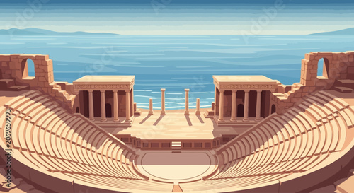 Ancient Roman amphitheater overlooking the Mediterranean Sea with stone seating and grand columns against a clear blue sky and calm water
