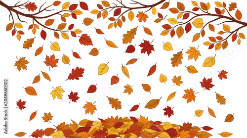 Εκτύπωση καμβά Many colorful autumn leaves falling from tree branches onto large leaf pile
