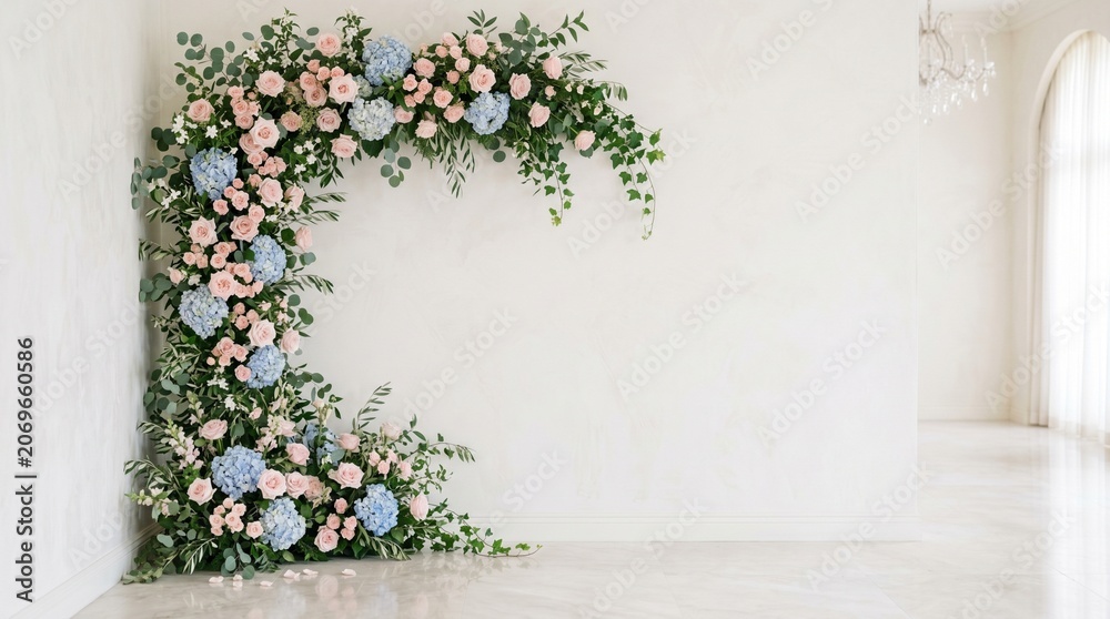 Obraz premium Soft pink and blue floral spring garden pathway background with blooming cottage flowers and warm sunlight