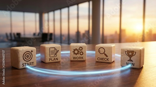 Wooden cubes displaying workflow steps in a modern office with sunset background and circular arrangement for business strategy concepts