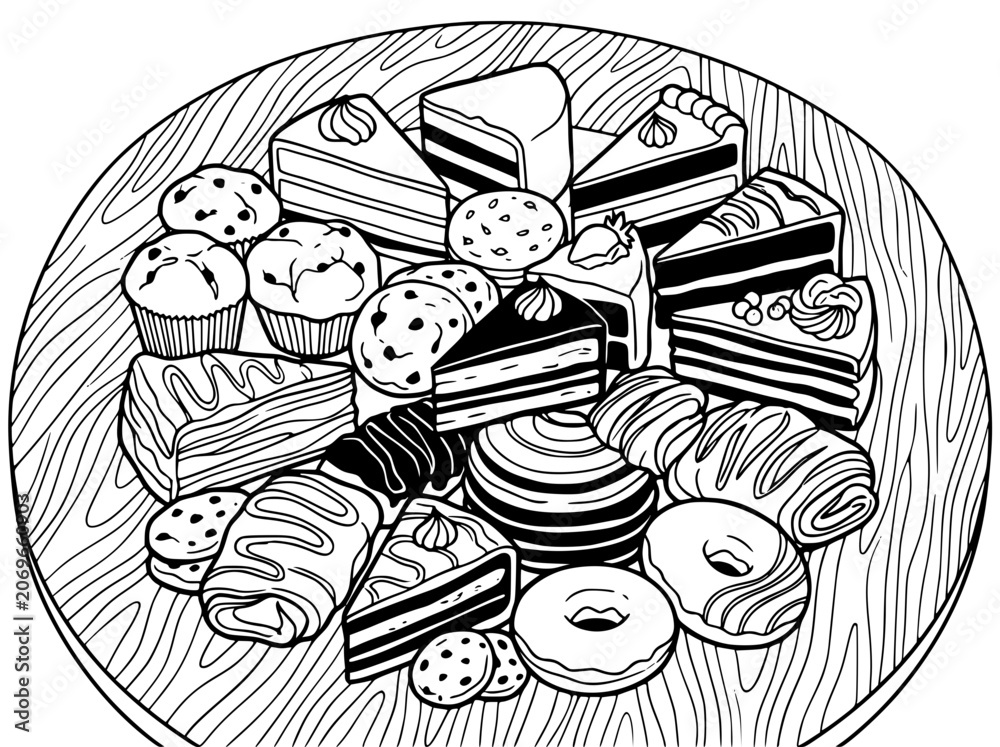 Naklejka premium Assorted Desserts and Pastries on a Platter Coloring Page