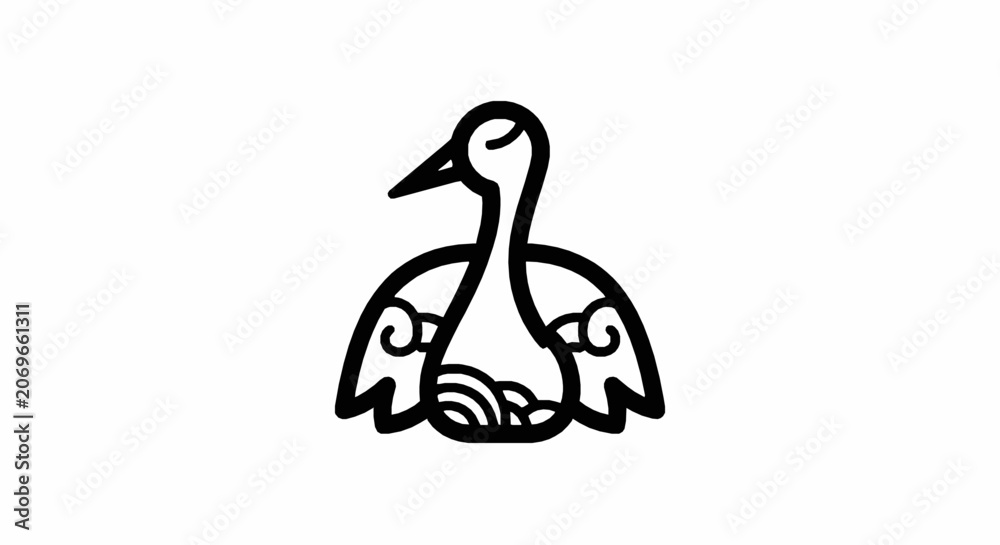 Fototapeta premium Minimalist line art icon of a stylized crane bird with decorative wing patterns