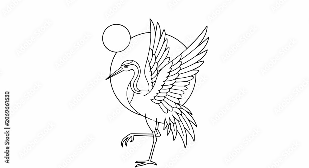 Fototapeta premium Japanese crane bird illustration with sun in minimalist line art style