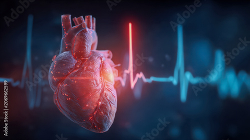 Detailed human heart illustration highlighted with glowing red pulse signals against a dark background featuring a dynamic blue electrocardiogram heartbeat wave patt