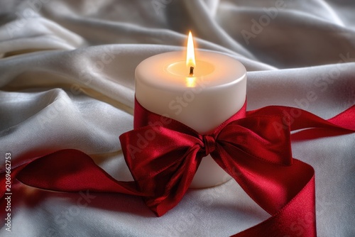 White burning candle adorned with a red satin ribbon bow resting on smooth white silk fabric creating a warm and elegant atmosphere for celebrations and d?cor