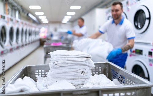 Professional Laundromat Operation Featuring Staff Sorting Freshly Cleaned Laundry in Bright Modern Environment