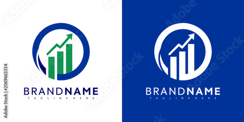 Obraz na plátně Vector graphic illustration of two business logo designs with bar graphs and arrows in blue, green, and white colors for companies or brands with customizable taglines