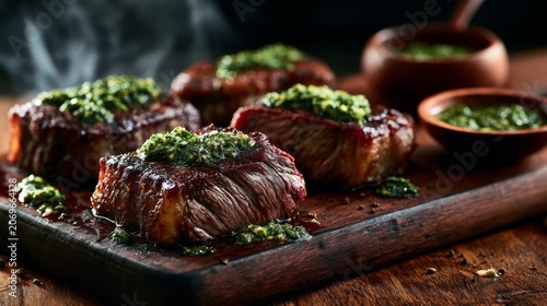 Juicy grilled steaks topped with fresh herb sauce served on a wooden board
