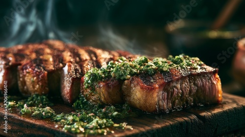 Juicy grilled steak with fresh green chimichurri sauce served on a rustic wooden board