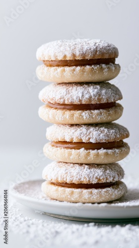 Stack of alfajores cookies dusted with powdered sugar on a white plate