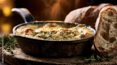 Warm, bubbling cheese dip served in a cast iron skillet with crusty bread