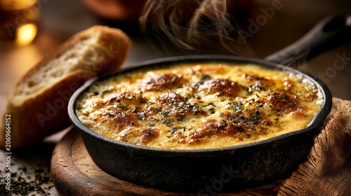 Hot cheesy baked appetizer served in a cast iron skillet with bread