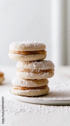 Stack of alfajores cookies dusted with powdered sugar on a white plate