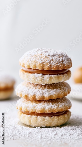 Stack of alfajores cookies dusted with powdered sugar on a marble surface