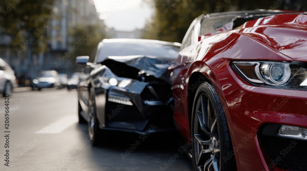 Fototapeta premium Damaged red and black sports cars involved in a rear-end collision on a sunny urban street with blurred background and soft natural lighting conditions