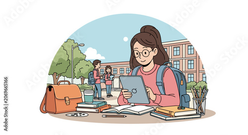 Young student girl studying on tablet with books and backpack on campus.