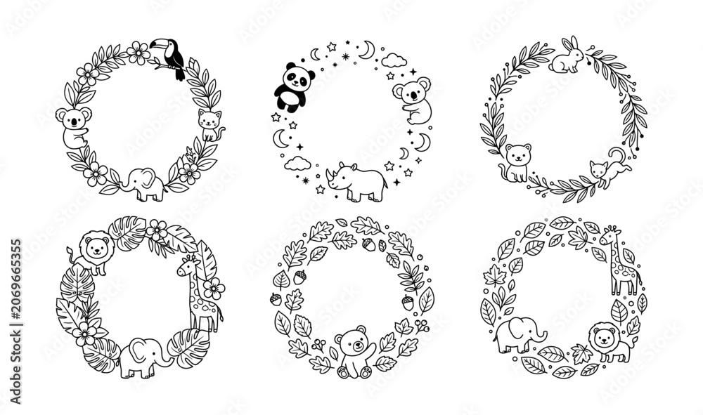 Fototapeta premium Six circular decorative frames featuring cute cartoon animals like elephants lions giraffes pandas koalas and toucans surrounded by leaves and flowers wreath illustration