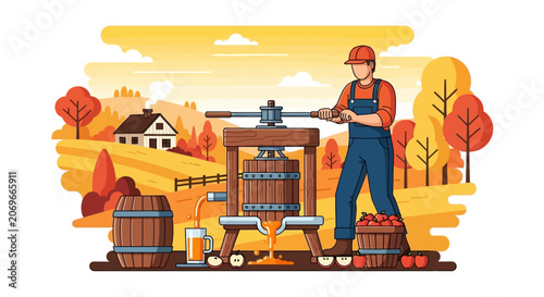 Illustration of a farmer pressing apples for cider in an autumn orchard scene with a farmhouse and trees