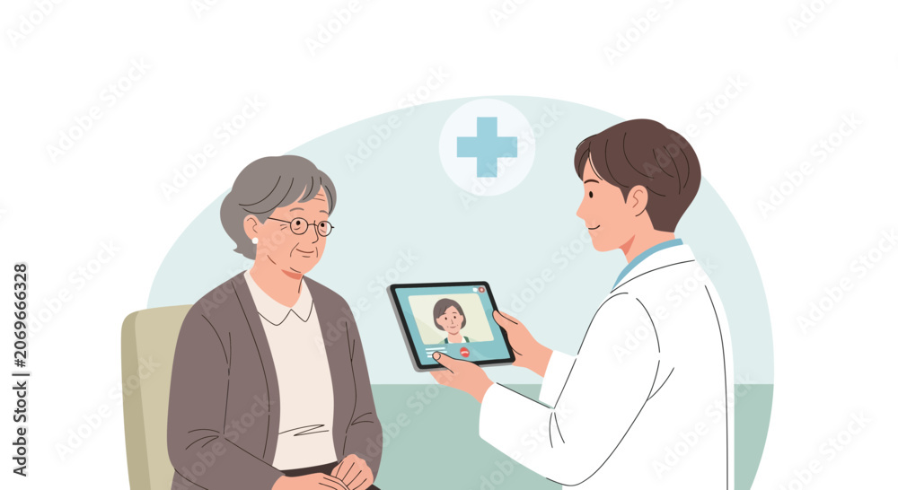 Fototapeta premium Doctor consulting elderly patient via video call on tablet, telemedicine concept