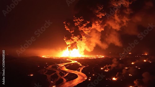 A powerful volcanic eruption with glowing lava flows at night