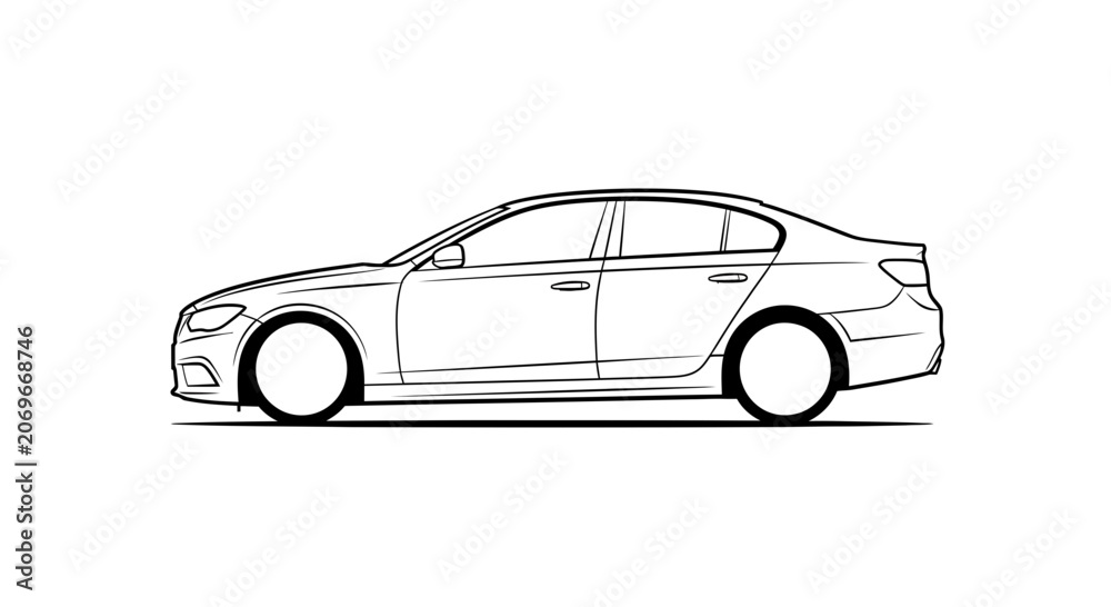 Fototapeta premium Line Art Illustration of a Modern Sedan Car, Side View, Minimalist Design