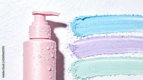 Pink cosmetic pump bottle with water drops and colorful powder smears