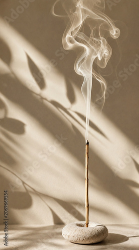Burning Incense Stick with Elegant Smoke on Minimal Background
