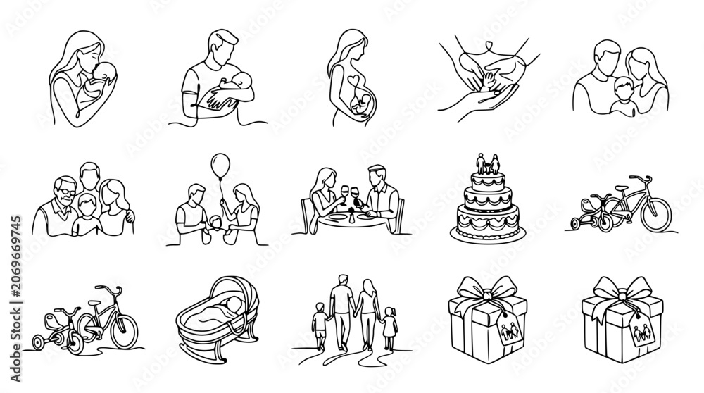 Fototapeta premium Family Life Moments: Continuous Line Art Collection of Parenthood, Celebration, and Everyday Scenes