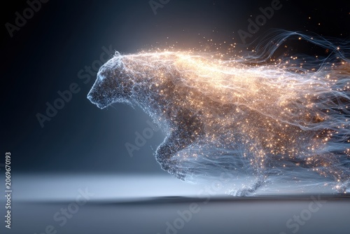 Digital rendering of a dynamic glowing bear made of interconnected light particles and flowing energy lines in motion against a dark gradient background