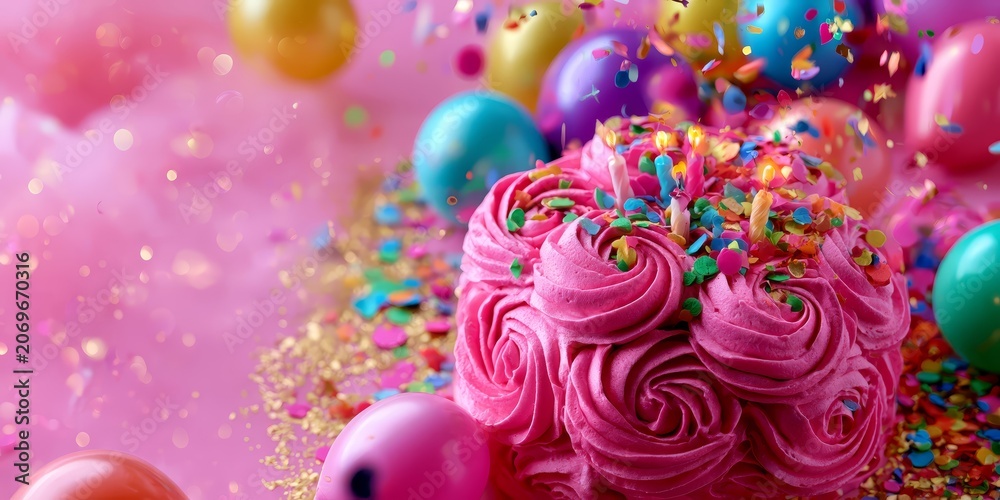 Fototapeta premium Pink birthday cake with sparkling confetti and glowing candles, creating a magical luxury celebration mood.